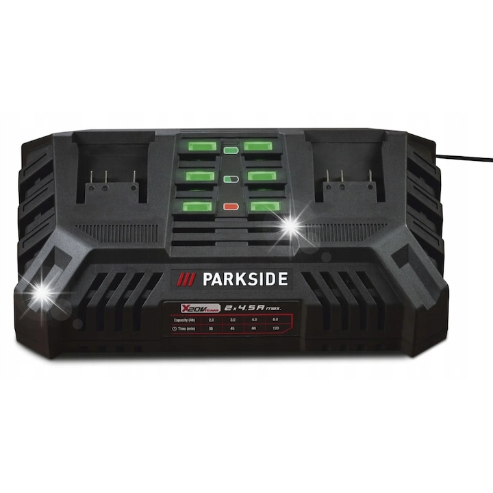 Incarcator dublu rapid, PARKSIDE, PDSLG 20 B1, 220W, 2x4.5A, 25x14,5x8,7cm, Negru