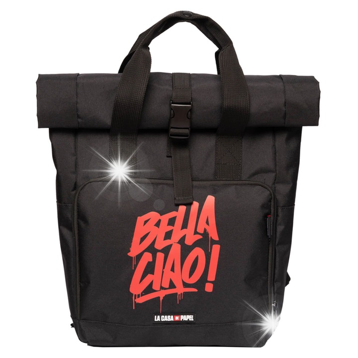 La Casa De Papel Bella Ciao hátizsák, fekete, 37x12x40cm, A4-es főrekesszel