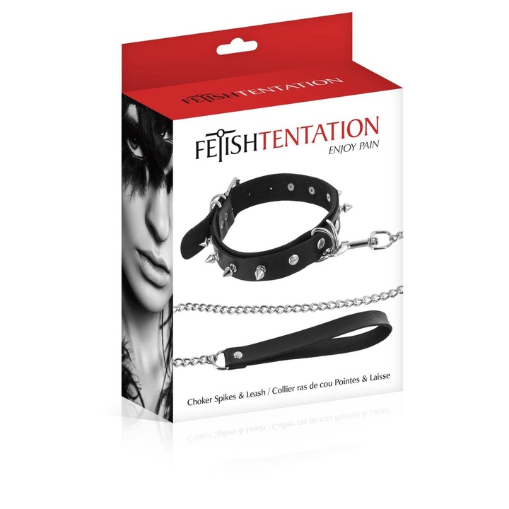 Lesa BDSM cu guler ajustabil și tepi metalici, FetishTentation, negru/argintiu, set complet cu curea de încheietură