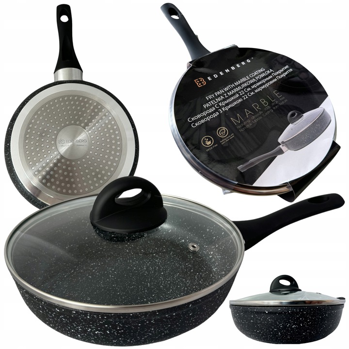 Tigaie Edenberg 24cm, aluminiu cu acoperire marmoasa, neagra, cu capac din sticla