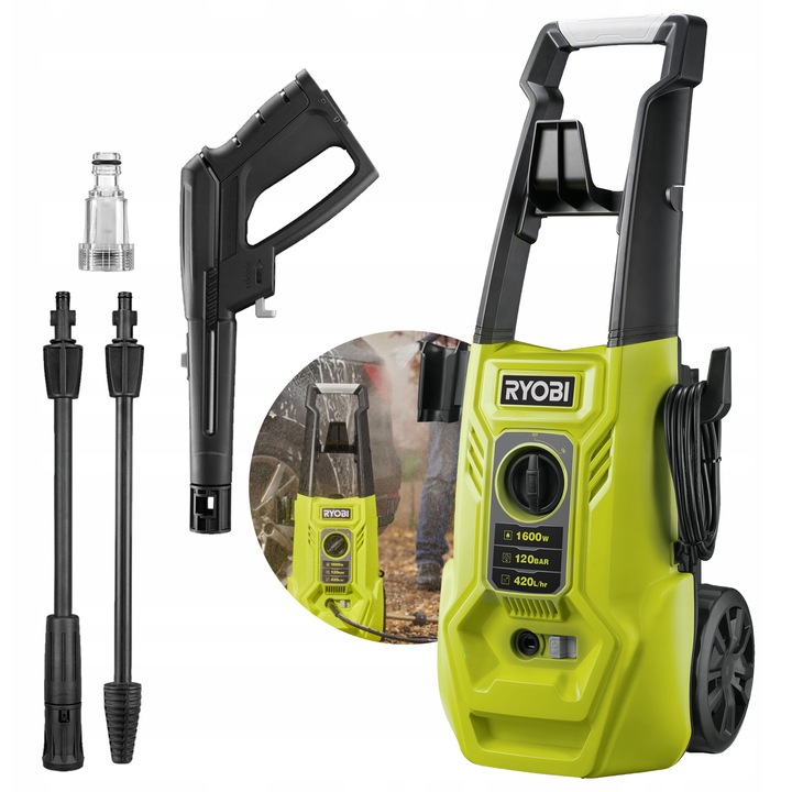 Ryobi RY120PWA magasnyomású mosó, 1600W, 120 bar, 420 l/h, turbó és vario lándzsa készlettel, 5m