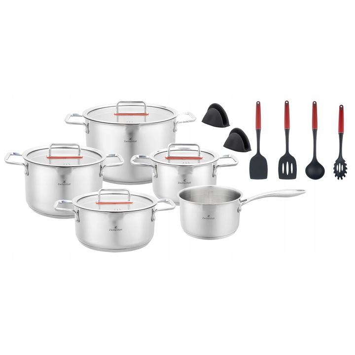 Set oale din inox ZwillenToff, 15 piese, cu accesorii, rosu, dimensiuni: 16x10cm, 20x10cm, 20x13,5cm, 24x15,5cm