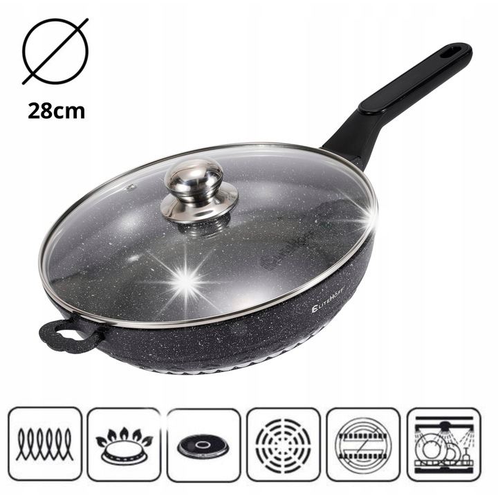 Mély serpenyő, Elitehoff, márvány, 28cm, üvegfedővel, tapadásmentes