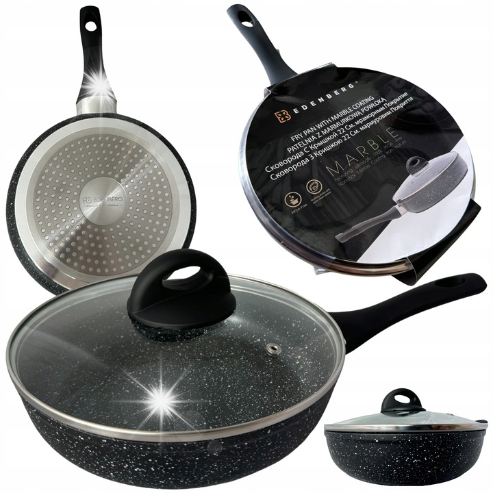 Tigaie Edenberg 22cm, neagra cu model marmorat, cu capac din sticla, antiaderenta, din aluminiu