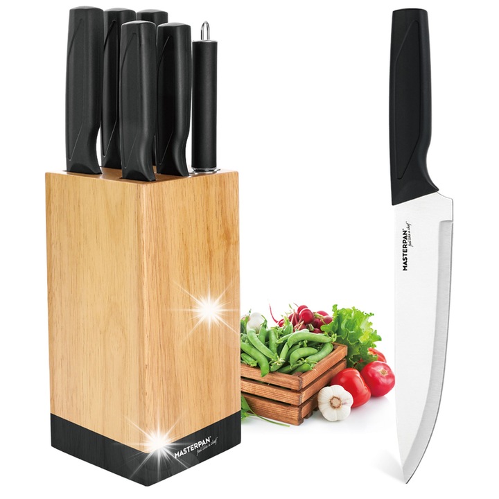 Set de cutite Masterpan 7 piese, inox, suport din lemn, design modern, ergonomice