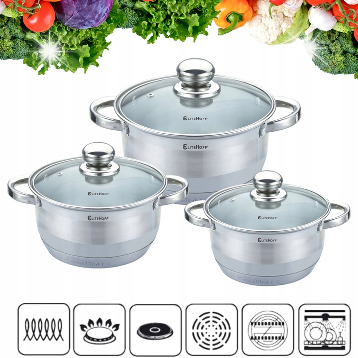 Комплект от 3 тенджери от неръждаема стомана, Elitehoff, 16см, 18см, 20см, индукционни, устойчиви на надраскване, ергономични