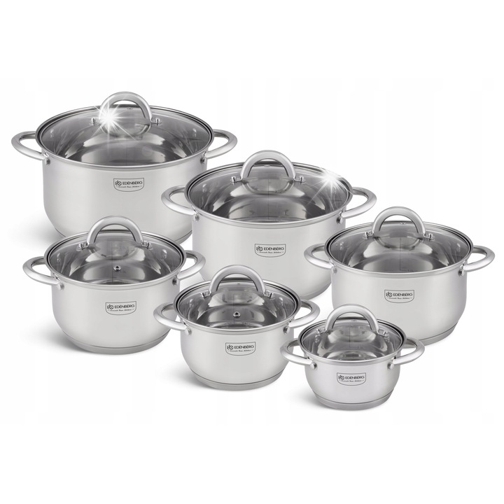 12 részes rozsdamentes acél edénykészlet, Edenberg, indukciós, 1,4L-6,0L, üvegfedővel