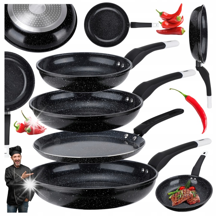 Комплект тигани 20/24/28см + тиган за палачинки 24см, Elitehoff, мрамор, черен