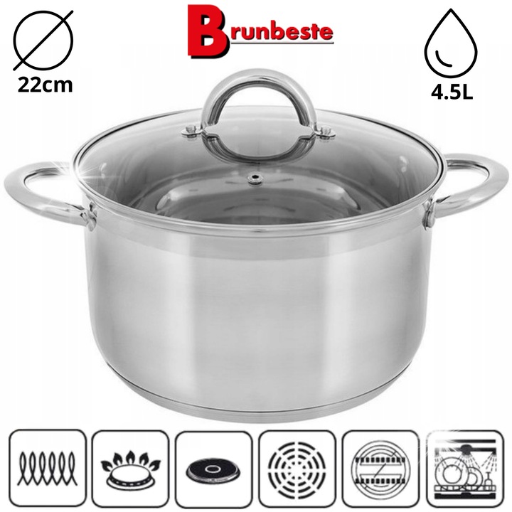 Тенджера Brunbeste от неръждаема стомана, 22см, 4.5л, със стъклен капак, за газ и индукция