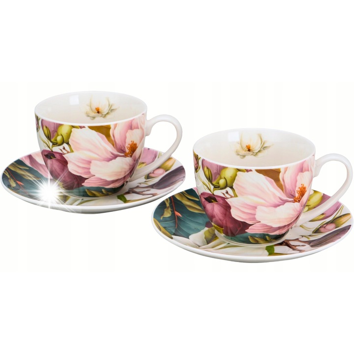 Set 2 cani cu farfurii, Duo, Flower Classic, magnolii, 270 ml, 9x7cm