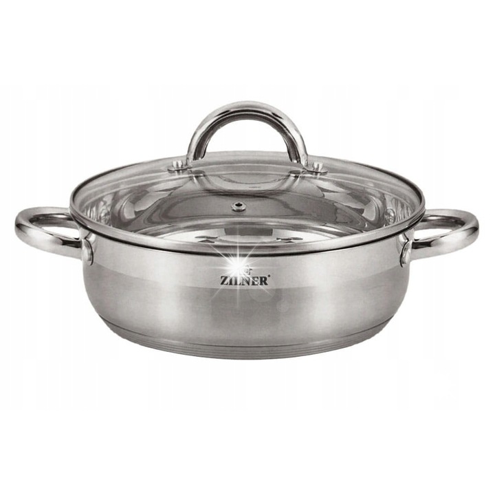 Oala din otel inoxidabil Zilner 3.5L 24cm cu capac din sticla, fund 5-strat, finisaj satinat si lucios