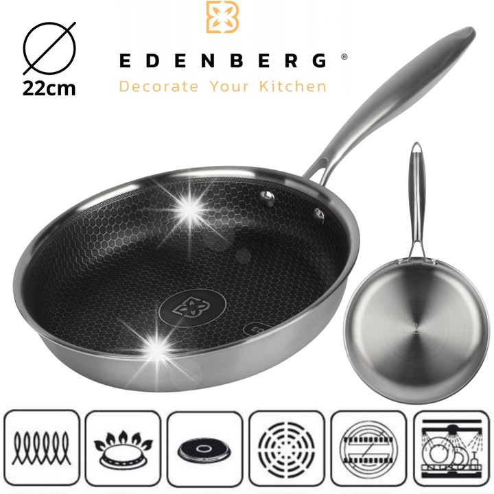 Tigaie Edenberg 22cm, inox, neaderenta, structura plasa de miere