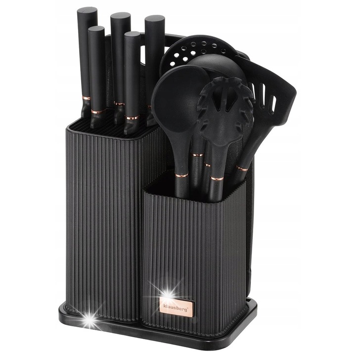 Комплект ножове и кухненски прибори със стойка, Klausberg, неръждаема стомана, черен, 12 елемента