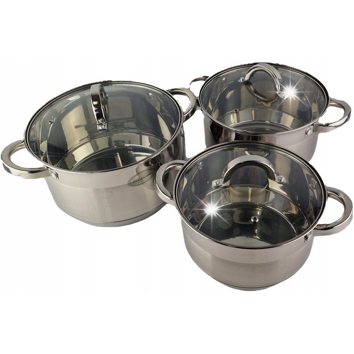 Комплект тенджери от неръждаема стомана Ronner, 3 части, 21x13см, 23x14см, 25x15см, със стъклени капаци