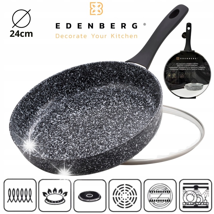 Tigaie granitica Edenberg 24cm, non-stick, cu capac, pentru inductie, culoare marmura deschisa