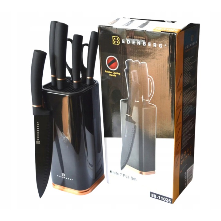 Set de cutite Edenberg 7 elemente, inox, suport negru, cu foarfece