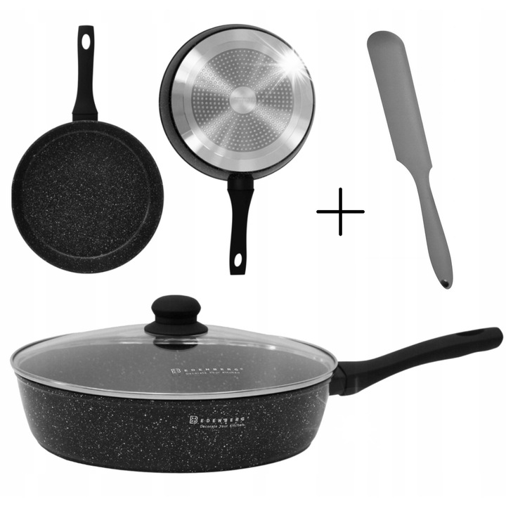 Tigaie Edenberg 26cm, neagra, cu capac din sticla, antiaderenta, pentru inductie, lavabila in masina de spalat vase