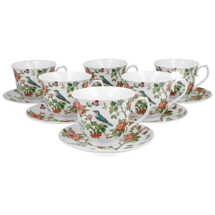 Set 6 cani cu farfurii, Duo, Portelan, Motif pasari pe ramuri, 250 ml, 9,1x7,5cm