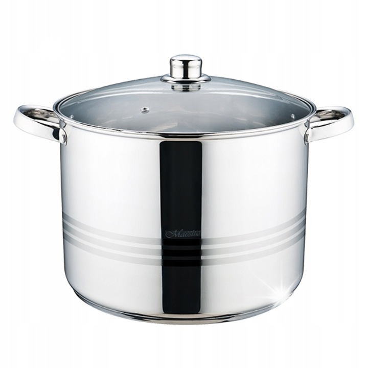 Oala din otel Maestro 30cm, 14L, cu capac din sticla, rezistenta la caldura, pentru inductie
