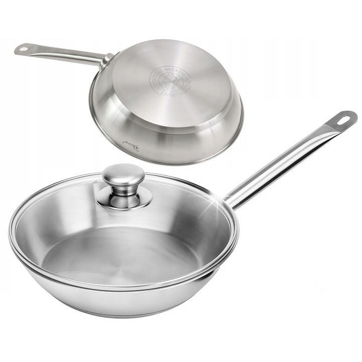 Rossner rozsdamentes acél gasztronómiai serpenyő, 28cm, üvegfedővel, indukciós és gáz főzőlaphoz