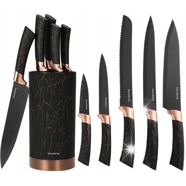 Set de cutite de bucatarie Klausberg, 6 elemente, marmura, cu bloc de depozitare