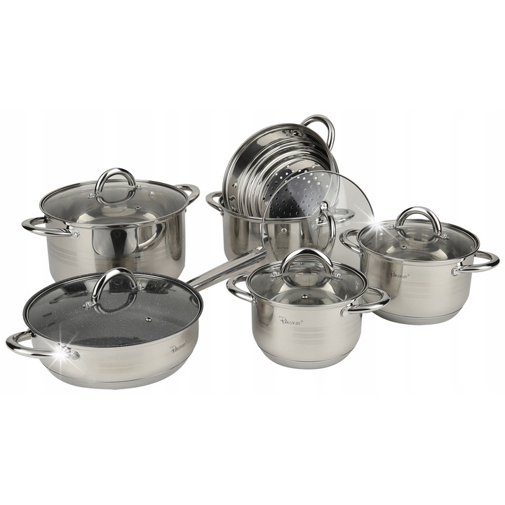 Set oale din inox RONNER AUSTRIA, 11 elemente, 5 straturi, capac din sticla, pentru toate tipurile de plite