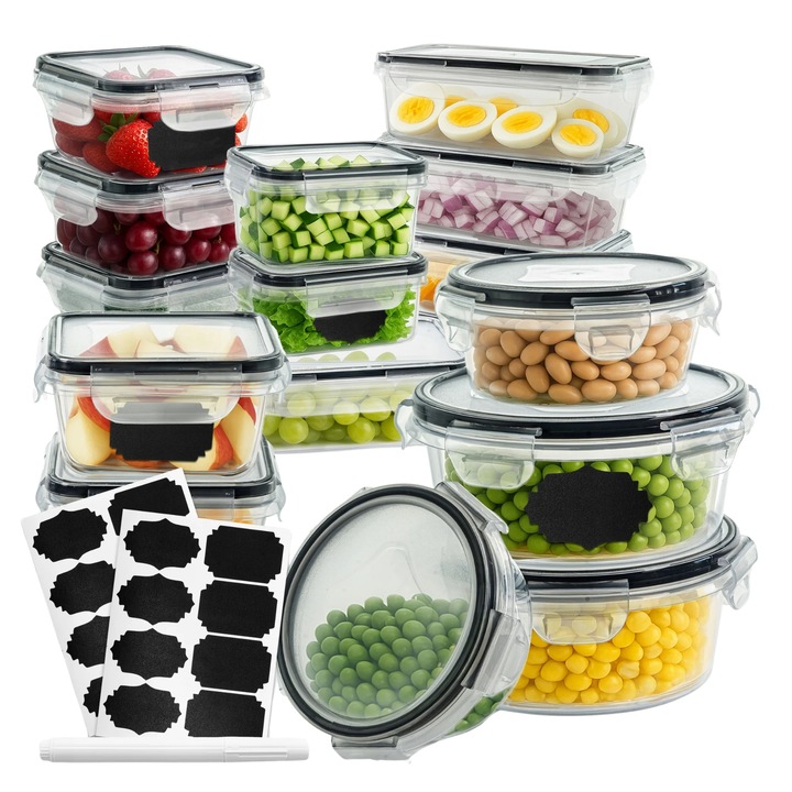 Set cutii alimentare AllBag, 16 bucati, plastic, diverse dimensiuni