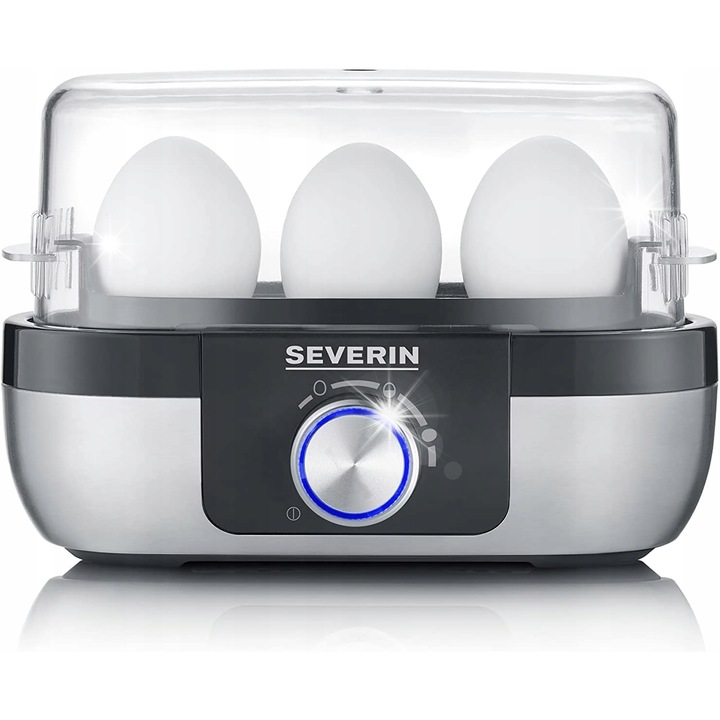 Aparat de fiert oua Severin EK 3163, capacitate 3 oua, reglare tarie, argintiu, 200x130x142mm