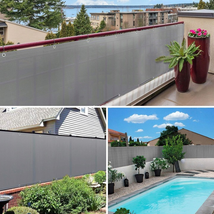 Балконен параван Vounot, 90x600см, UV защита, сив, комплект с 50 кабелни връзки и 12м въже