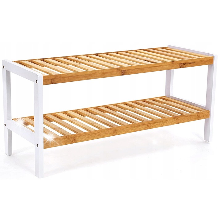 Cipőtartó, Songmics, 2 szintes, 8 pár, bambusz, fehér és natúr, 33x70x24,5cm