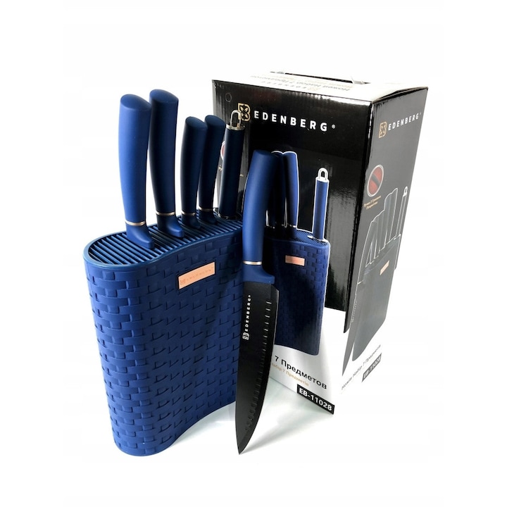 Set 7 cutite cu tocator si suport Edenberg, Albastru