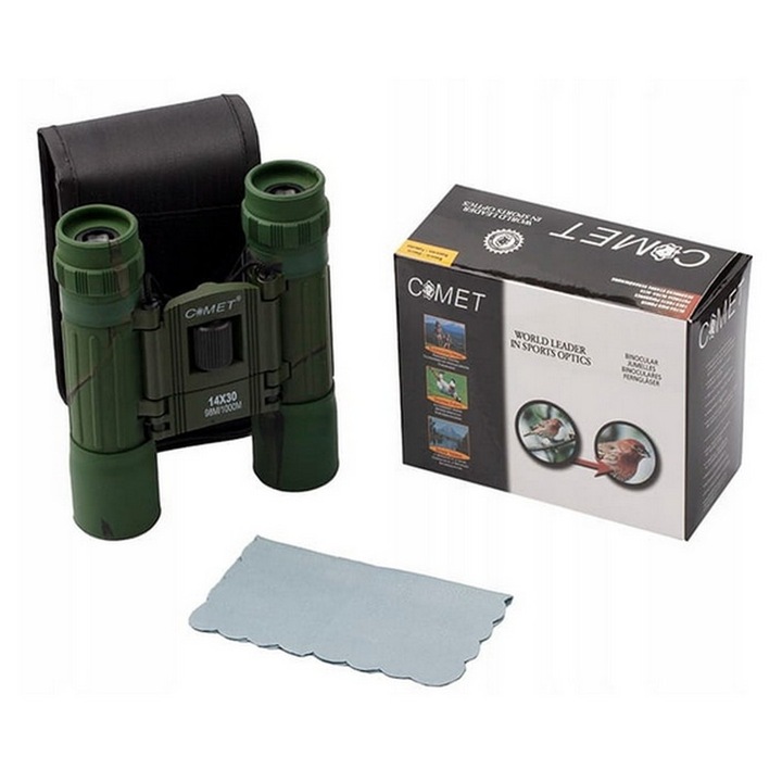 Бинокъл Comet 14x30, зелен, пълен комплект с калъф и каишка, размери 11,4x10,6см