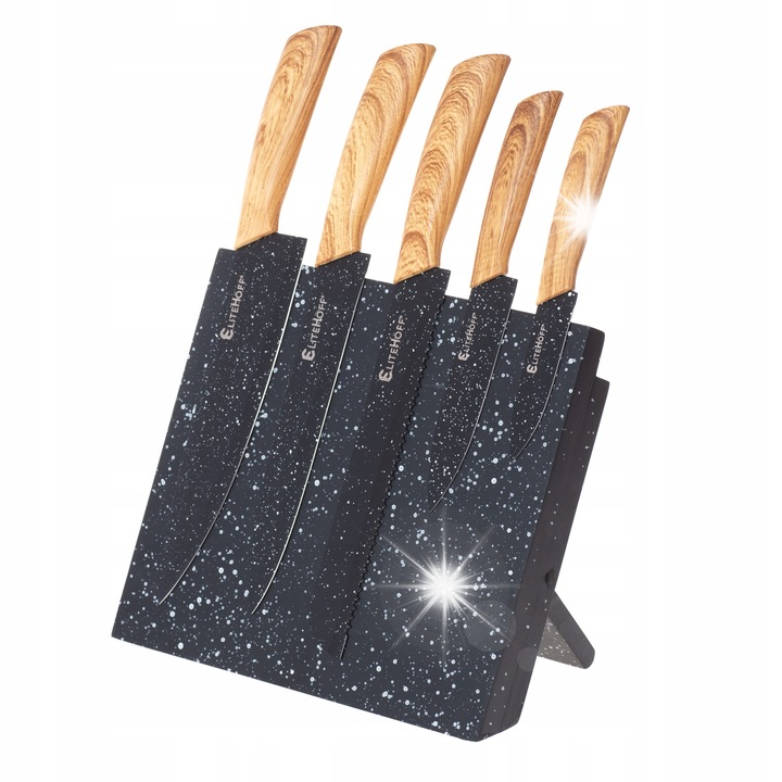 Set de cutite Elitehoff, 6 piese, alb-negru, cu suport magnetic