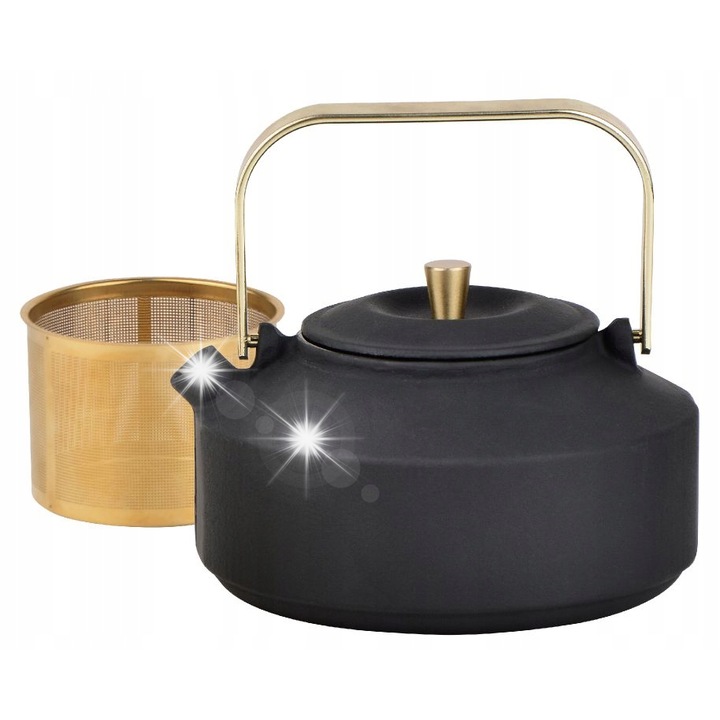 Чугунен чайник Kinghoff KH-1935, 1л, черен със златни детайли, филтър от неръждаема стомана