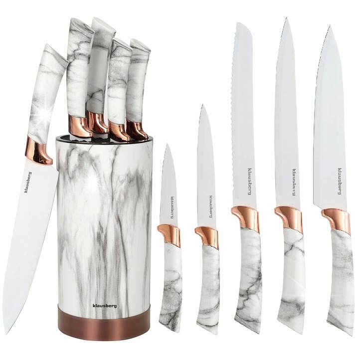 Set de cutite de bucatarie Klausberg, 6 elemente, inox, bloc de depozitare, marmura