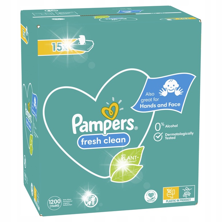 Pampers Бебешки мокри кърпички, Fresh Clean, 12 опаковки x 80 броя, без алкохол, деликатни