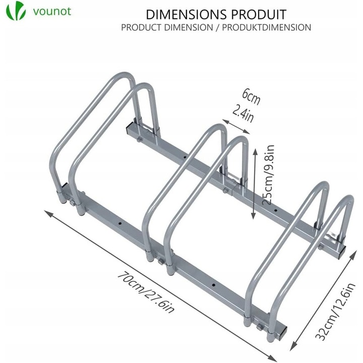 Стойка за съхранение на велосипеди, Vounot, за 2 велосипеда, метална, за монтаж на стена или под, устойчива на атмосферни влияния