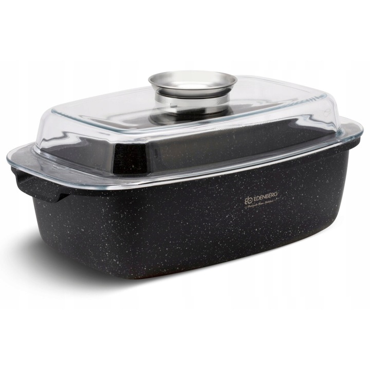 Tava de gatit Edenberg marmura 32cm, 5.5L, cu capac din sticla si Aroma Knob, pentru toate tipurile de plite