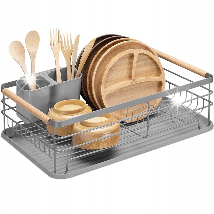 Scurgator vase set metalic Brunbeste, gri, 43x32x14cm, cu suport pentru tacamuri si tava din rasina