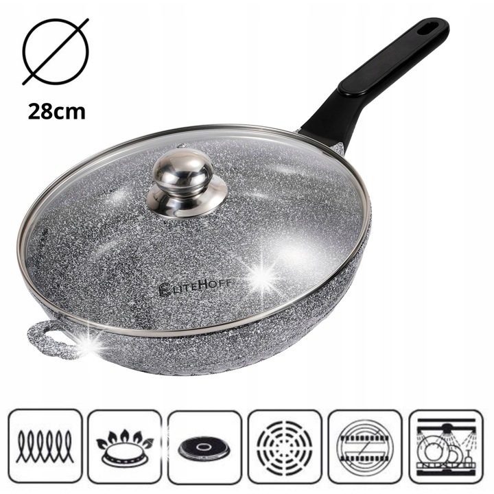 Márvány serpenyő 28cm üvegfedővel, tapadásmentes, minden típusú főzőlaphoz, Elitehoff