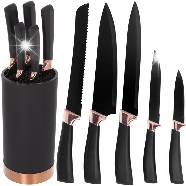 Set de cutite de bucatarie Brunbeste, 5 piese, inox, manere antiderapante, negru cu accente colorate