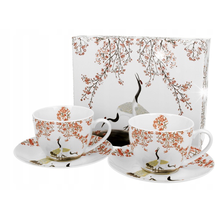 Set 2 Cani cu Spoduri 280 ml Duo, Portelan, Motif Japonese, Crem, 9x7cm