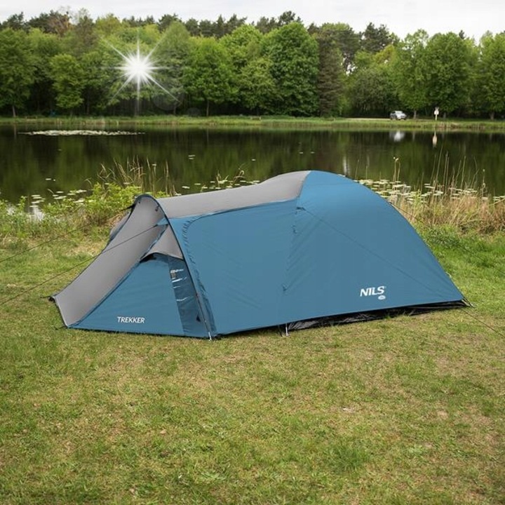 Палатка за къмпинг Nils Camp Trekker, 4 души, 130x240x130см, водоустойчива, синьо-сива