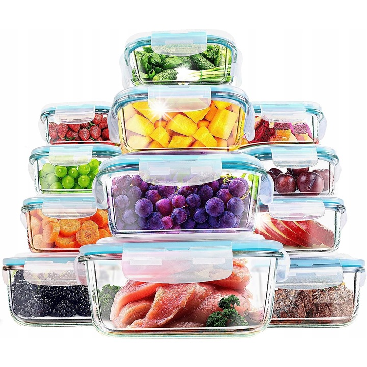 Set 12 cutii alimentare din sticla Kichly, 4 dimensiuni, fara BPA, rezistente la cuptor si microunde