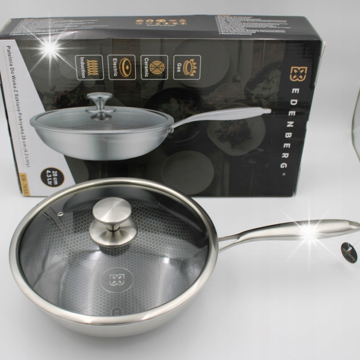 Tigaie Wok Edenberg 30cm, cu capac, inox, pentru gaz si inductie