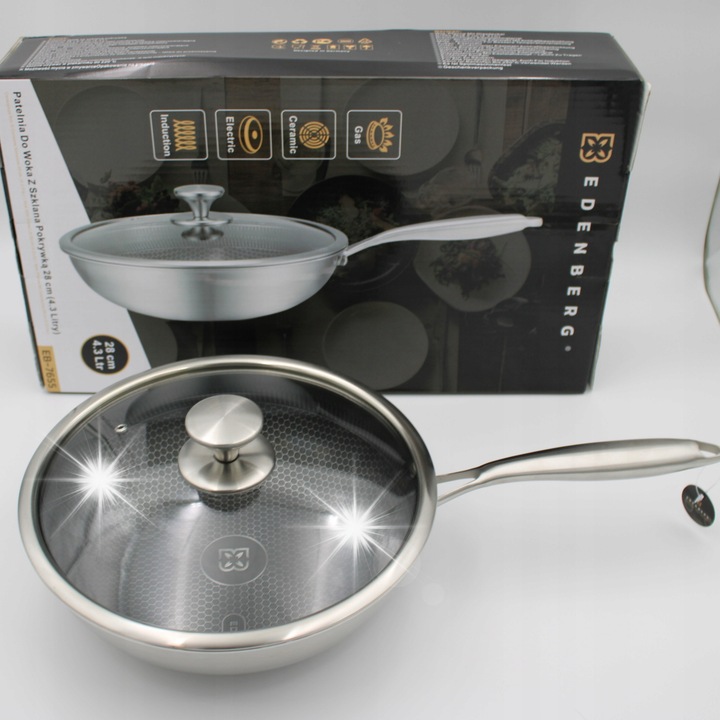 Tigaie Wok Edenberg 28cm, cu capac, inox, pentru gaz si inductie