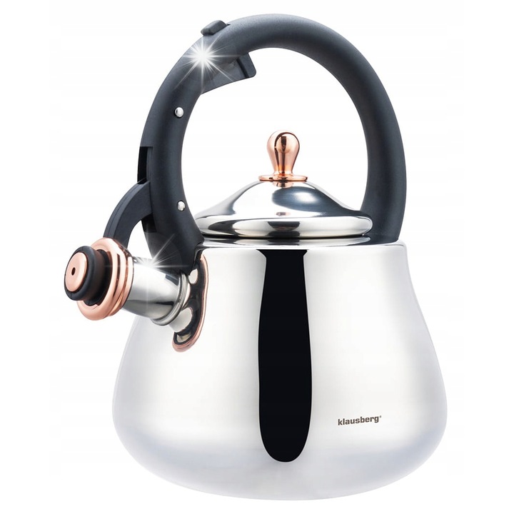 Ceainic traditional din inox 2.8L, Klausberg, argintiu, cu detalii roz aurii, pentru toate tipurile de plite