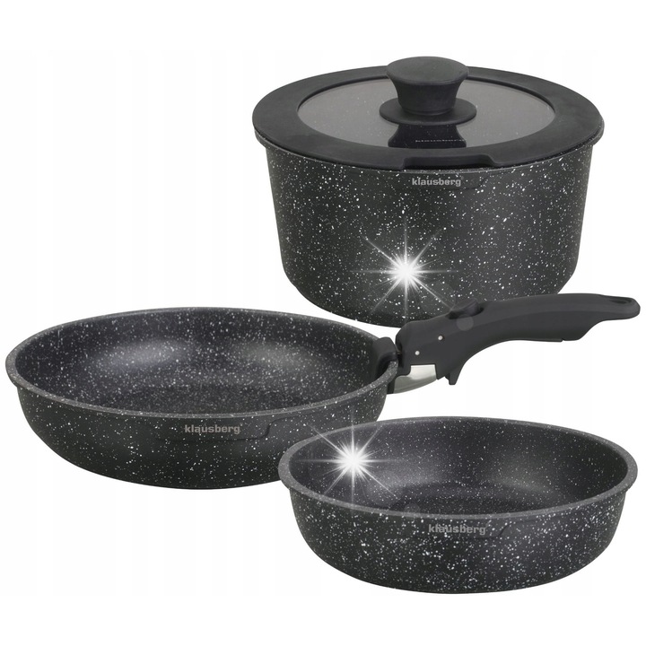Set 5 piese oale si tigai cu maner detasabil, Klausberg, marmura, negru, 20cm, 24cm