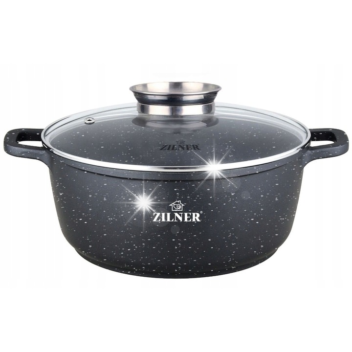 Oala marmura Zilner 28cm, 6.8L, neagra, capac din sticla