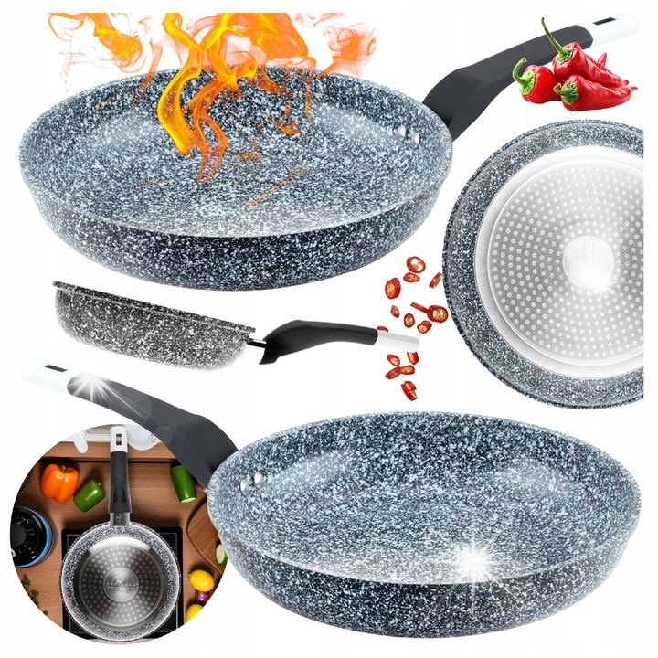 Tigaie marmoasa Edenberg 26cm, neagra cu accente albe, neaderenta, pentru gaz si inductie